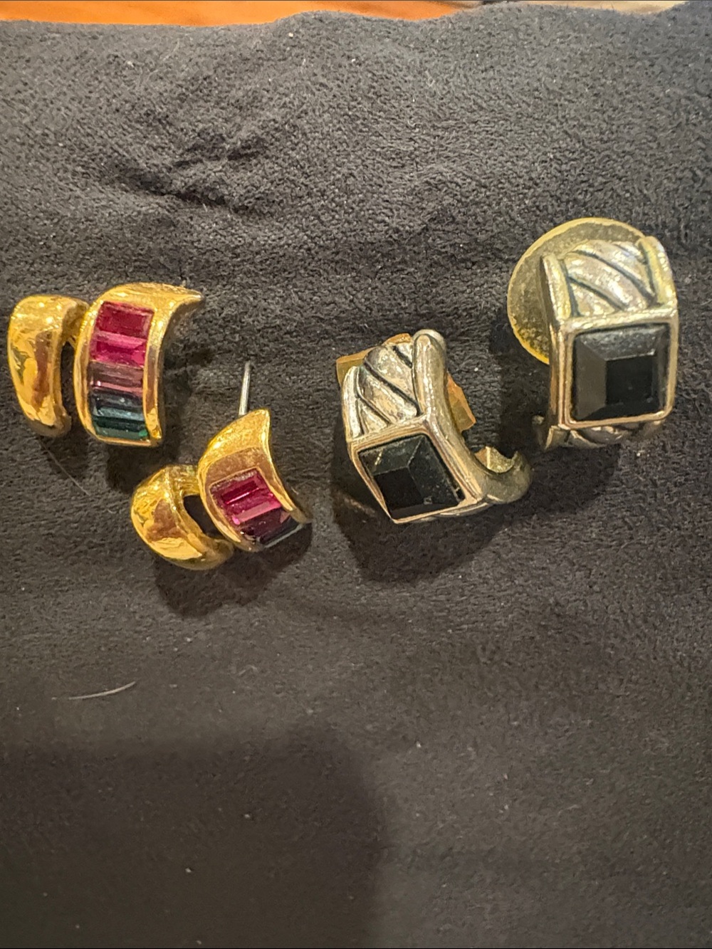 Gold-Tone Earrings with Multi-Color Baguette and Black Stone Accents